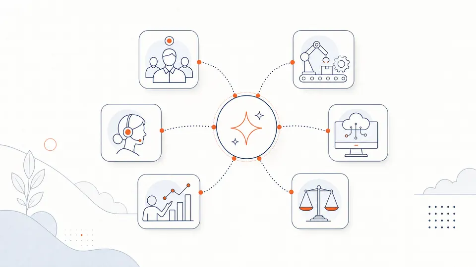 Ilustracja liniowa systemu adopcji AI łączącego role, procesy i decyzje