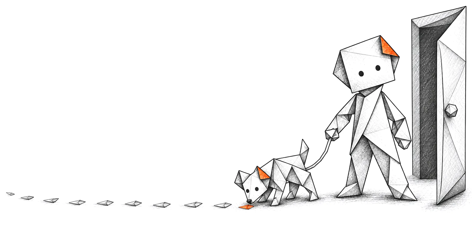Piesek origami Czujka węszy po śladach z papieru i znajduje pomarańczowy ślad. Gami idzie za nim na smyczy w stronę uchylonych drzwi.