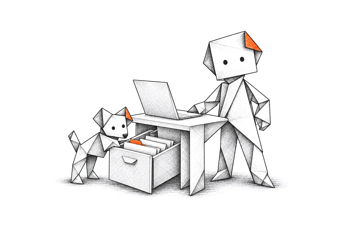 Gami opiera rękę na papierowym laptopie, a piesek Czujka węszy w otwartej szufladzie z teczkami pod biurkiem.