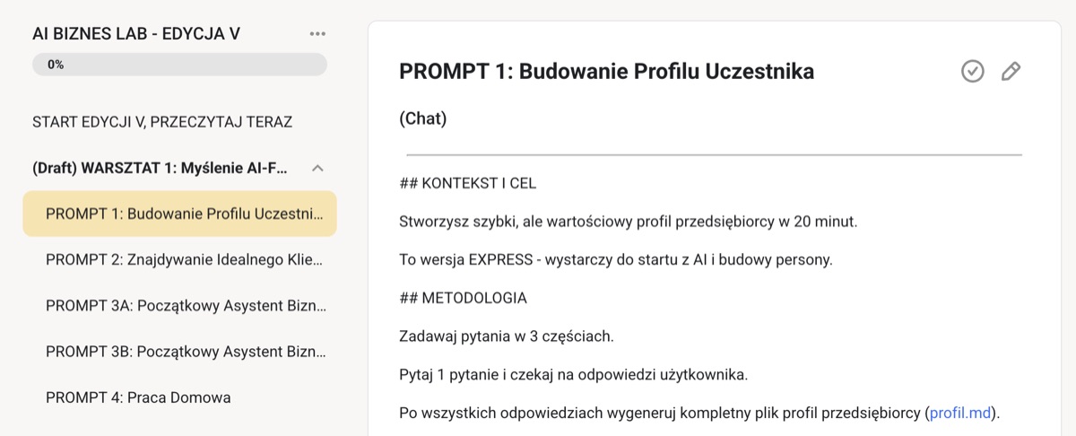 Pierwszy warsztat AI Biznes Lab - Master zaczyna się od profilu prawdziwej firmy uczestnika