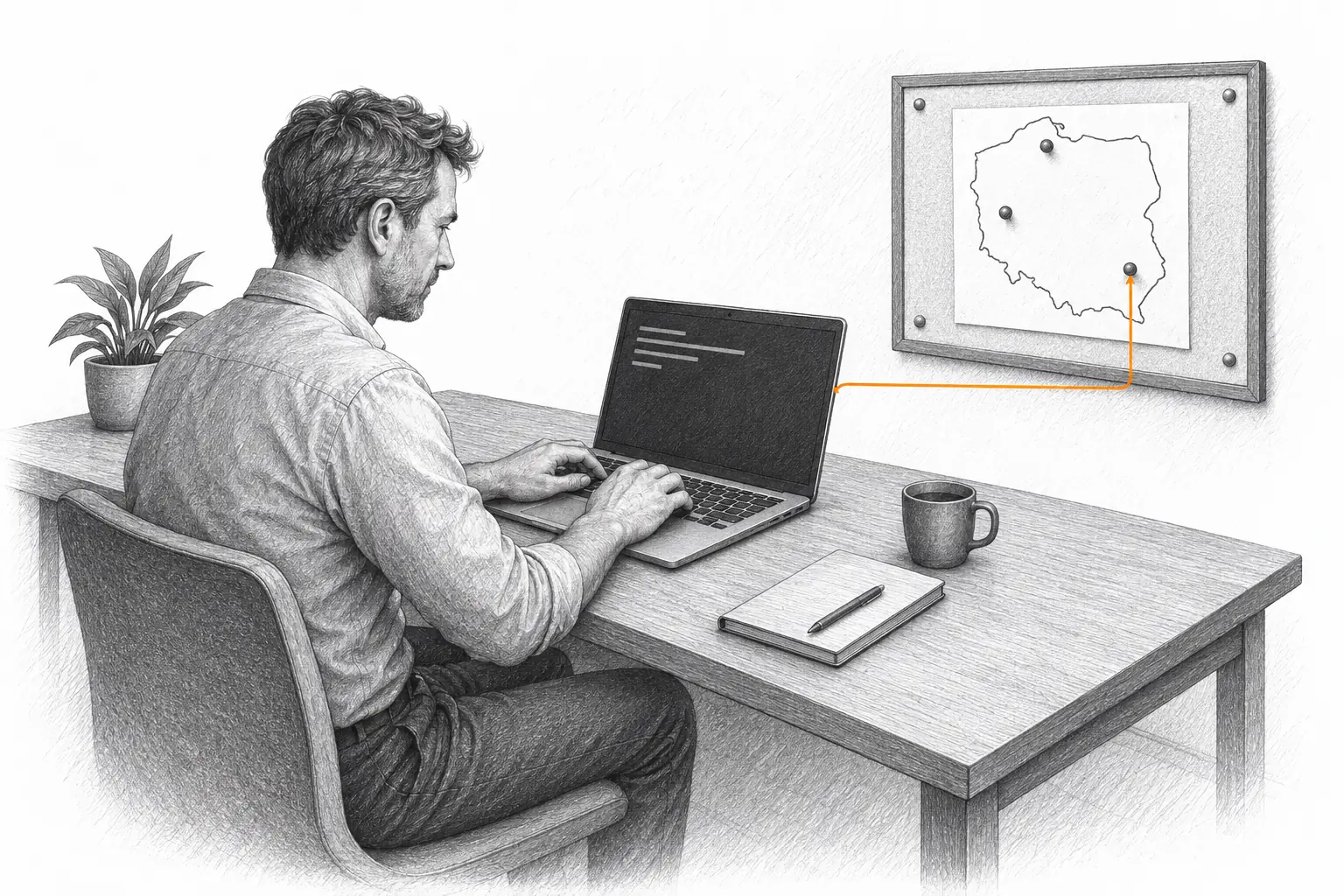 Przedsiębiorca pisze na laptopie z otwartym terminalem; pomarańczowa linia prowadzi do mapy Polski z trzema pinezkami.