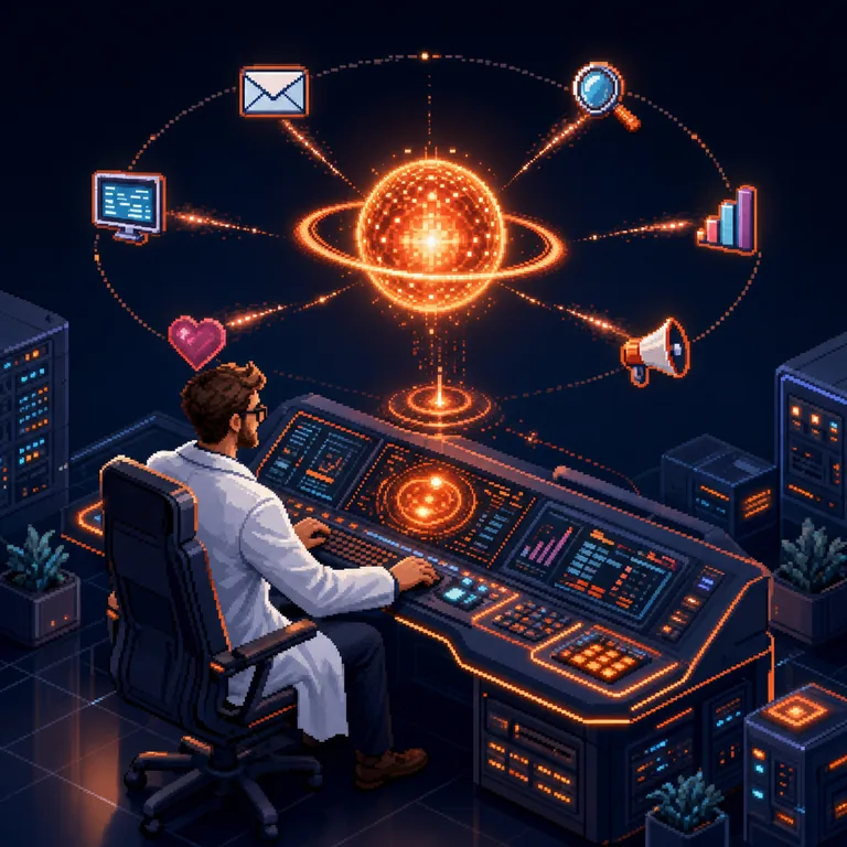 Pixel-artowa wizualizacja AI Marketing Lab: osoba przy pulpicie, centrum systemu i kanały dotarcia do klientów