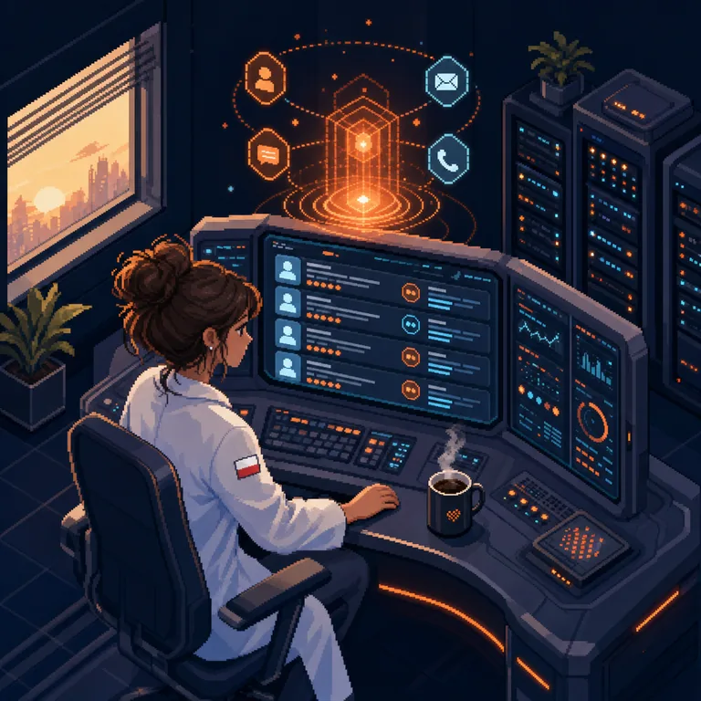 Pixel-artowa scena: zalozycielka przy pulpicie systemu, ekrany z naplywajacym ruchem i leadami