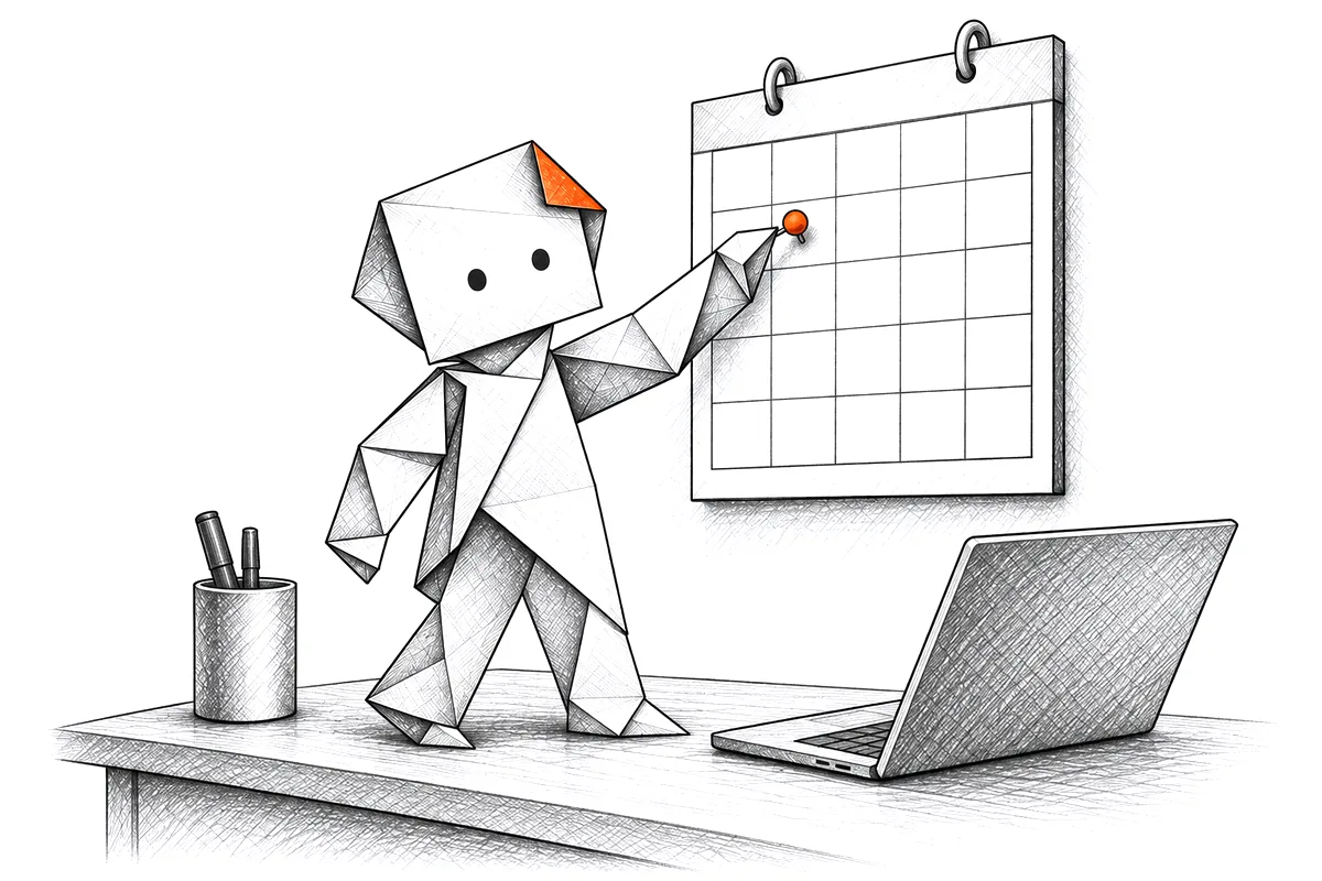 Gami na biurku przypina pomarańczowy znacznik do ściennego kalendarza, obok laptop.