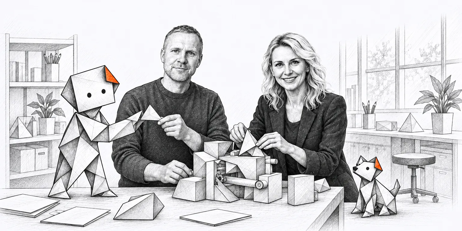 Mirek i Magda przy stole w laboratorium składają papierową maszynę. Gami podaje Mirkowi papierowy element, a piesek Czujka siedzi obok Magdy.
