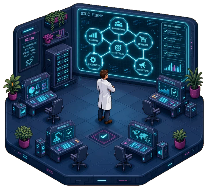 Pixel art: właściciel patrzy na mapę systemów firmy, stanowiska wokół pracują same