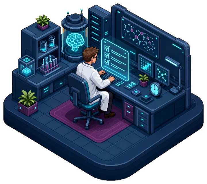 Pixel art: właściciel sam przy biurku, każde zadanie firmy przechodzi przez niego