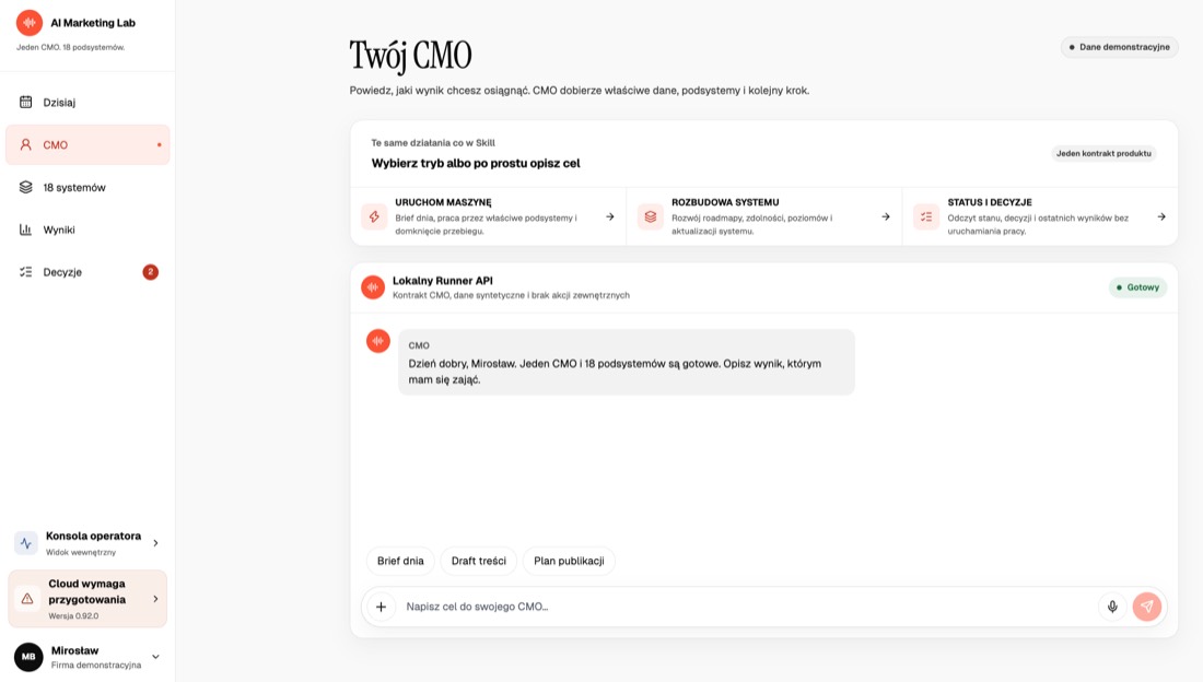 Widok rozmowy z CMO w AI Marketing Lab Cloud na danych demonstracyjnych