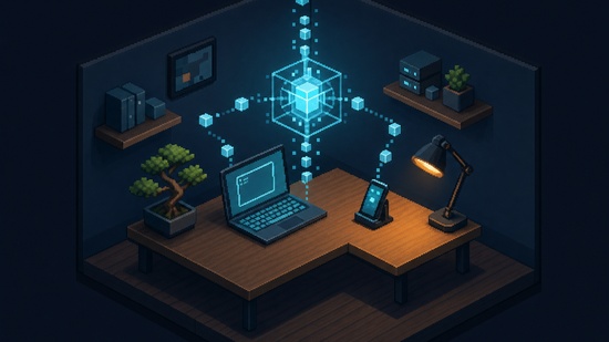 Biurko z otwartym oknem agenta AI przetwarzającym napływające informacje