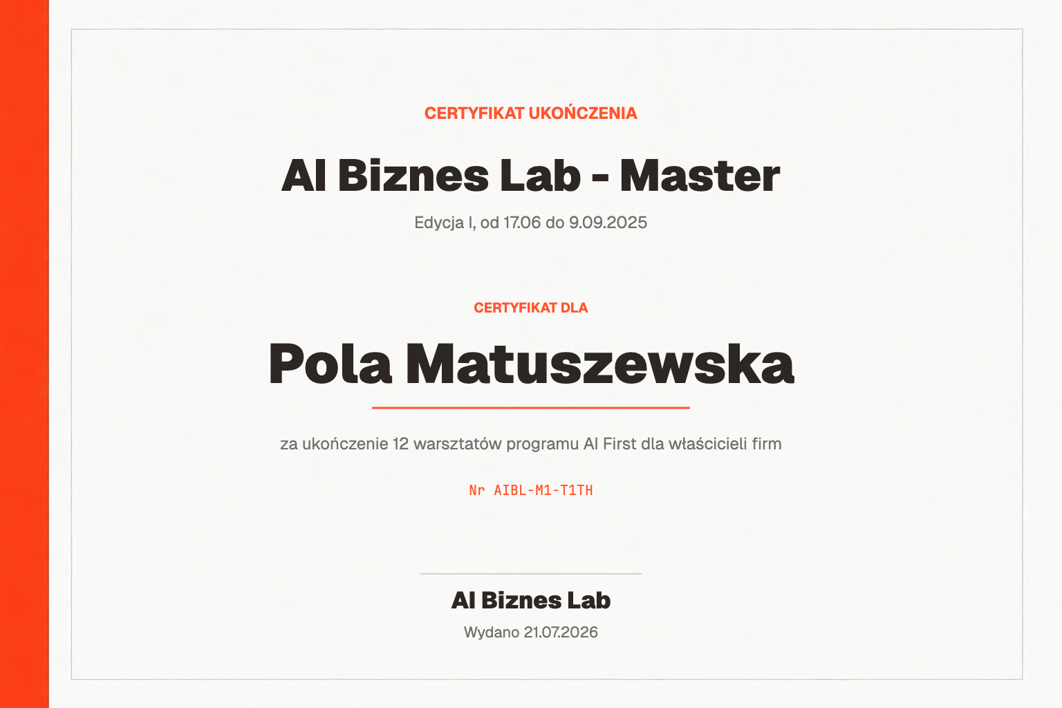 Certyfikat AI Biznes Lab - Master dla Pola Matuszewska