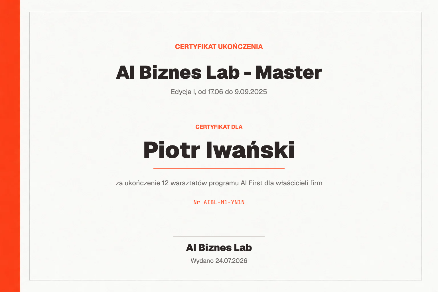 Certyfikat AI Biznes Lab - Master dla Piotr Iwański