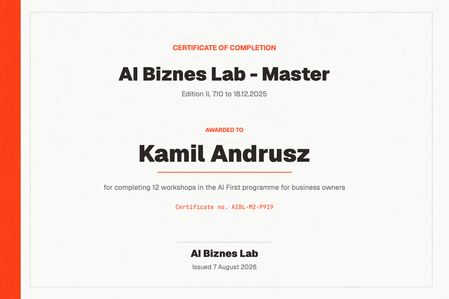 AI Biznes Lab - Master certificate for Kamil Andrusz