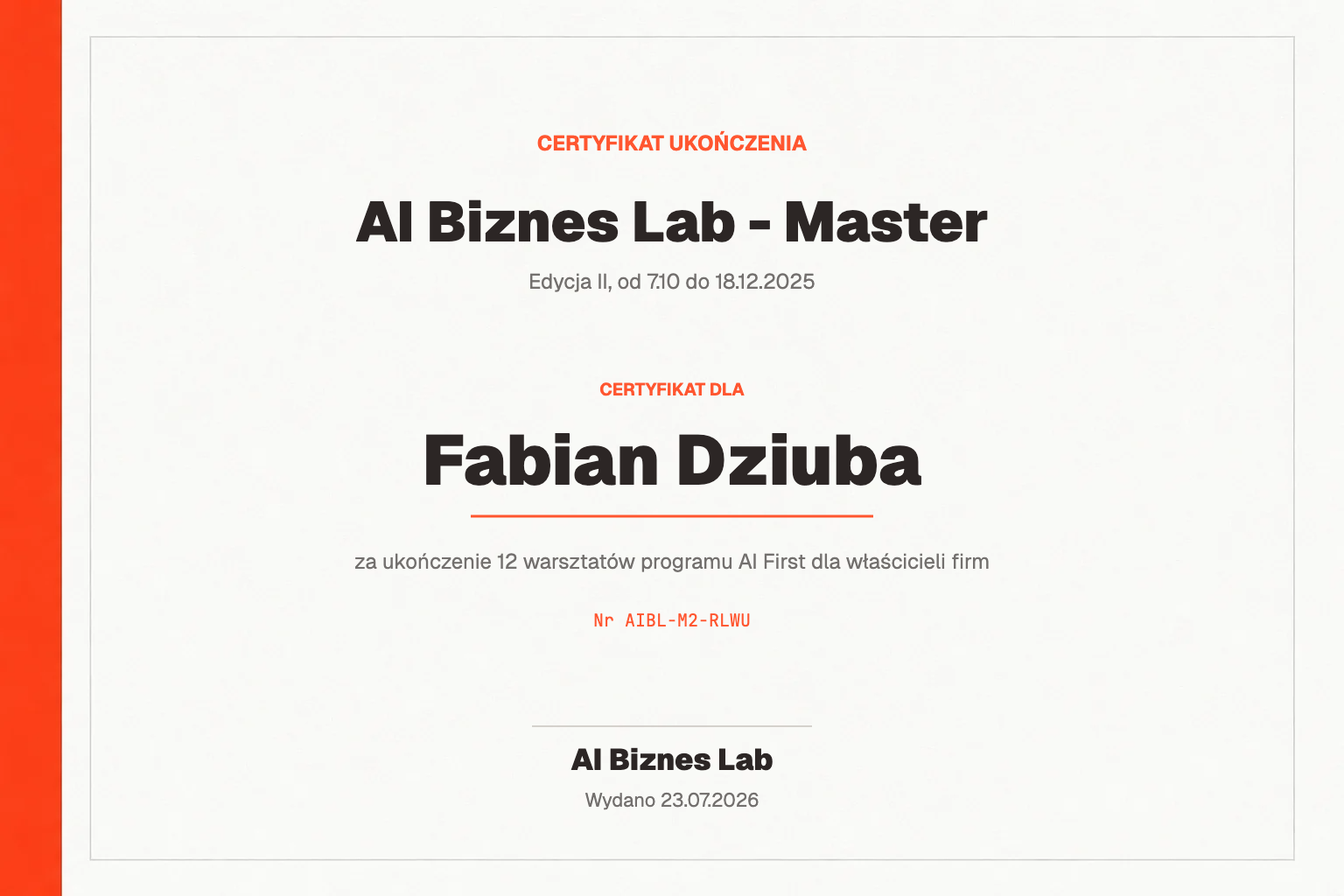 Certyfikat AI Biznes Lab - Master dla Fabian Dziuba
