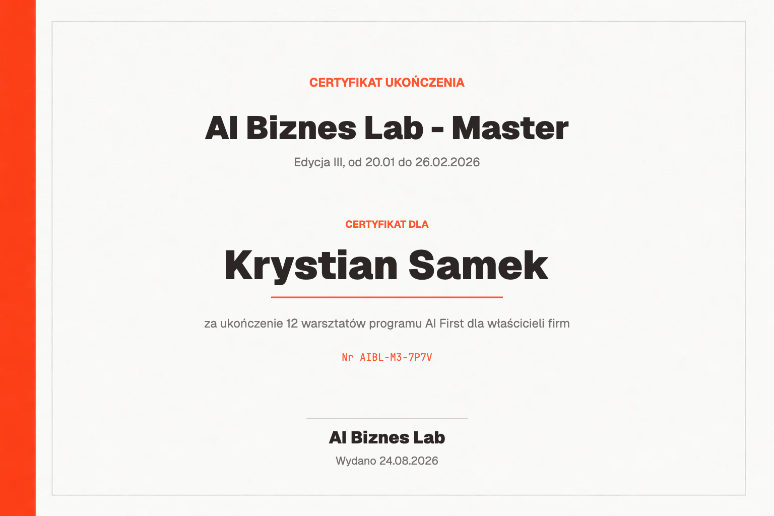 Certyfikat AI Biznes Lab - Master dla Krystian Samek