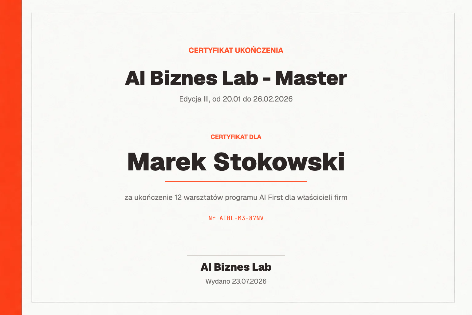 Certyfikat AI Biznes Lab - Master dla Marek Stokowski