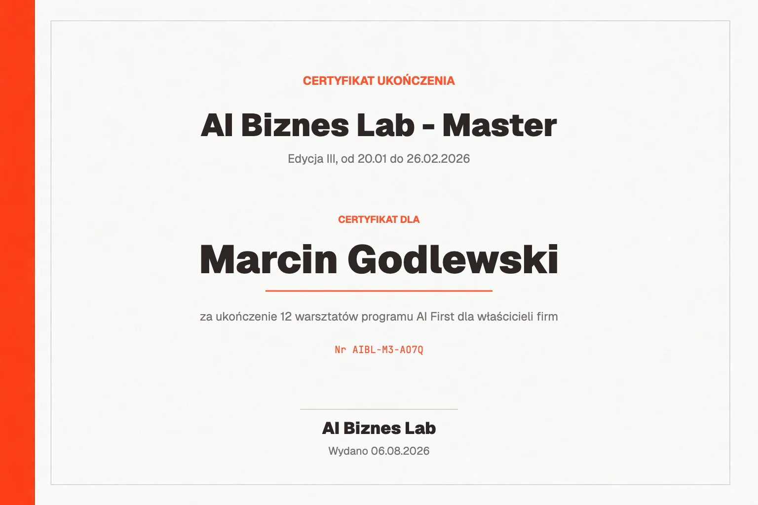 Certyfikat AI Biznes Lab - Master dla Marcin Godlewski