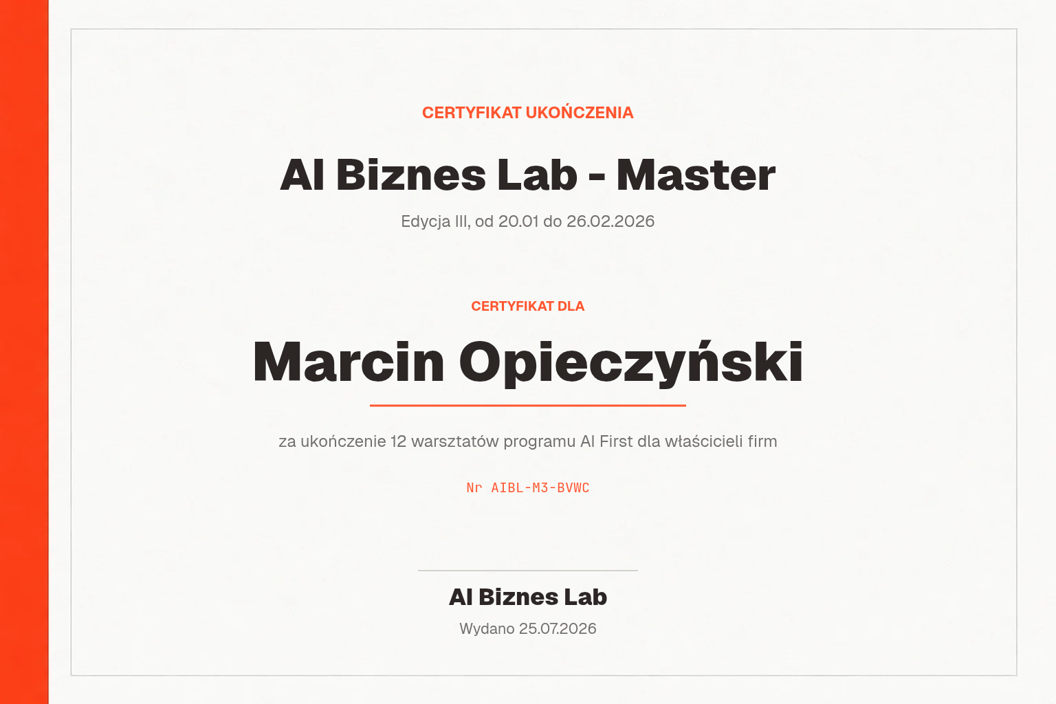 Certyfikat AI Biznes Lab - Master dla Marcin Opieczyński