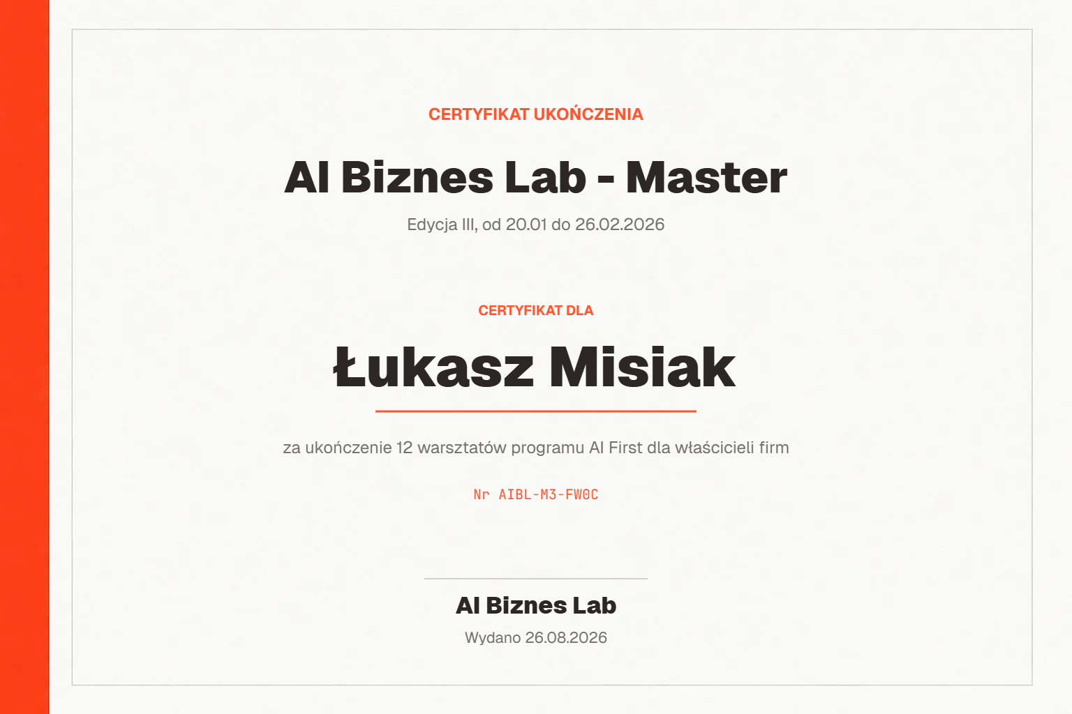 Certyfikat AI Biznes Lab - Master dla Łukasz Misiak