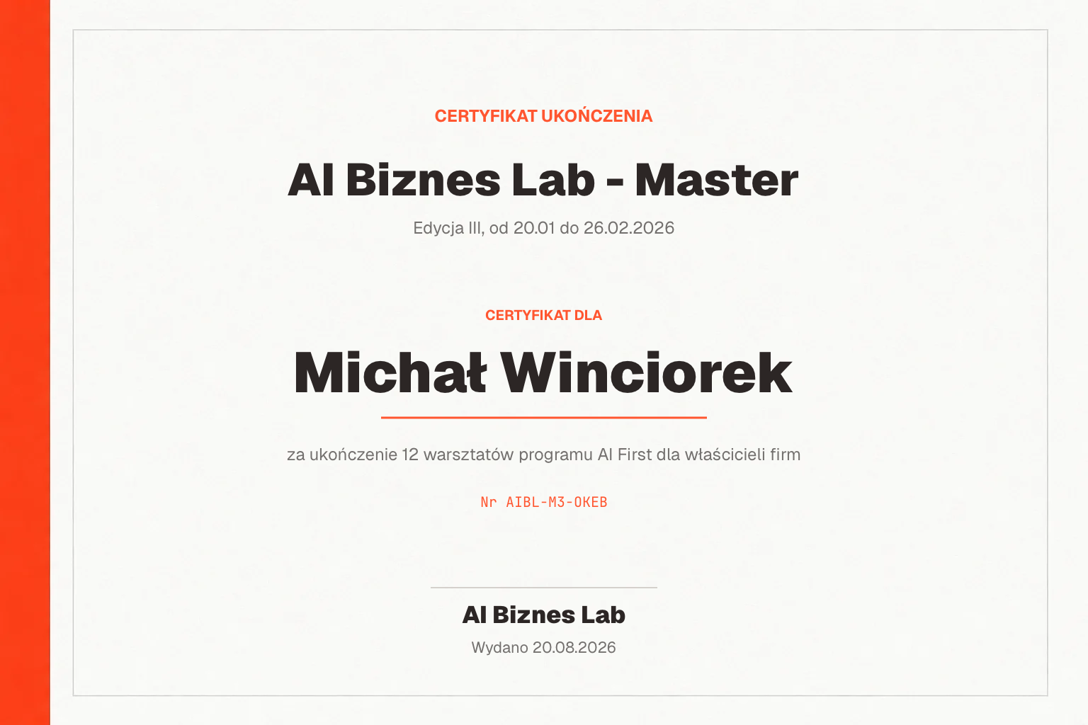 Certyfikat AI Biznes Lab - Master dla Michał Winciorek