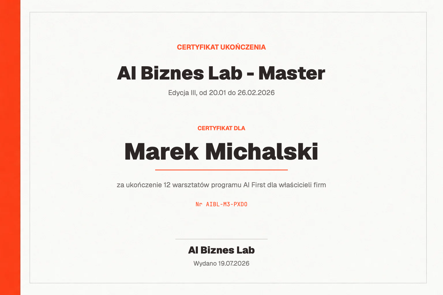 Certyfikat AI Biznes Lab - Master dla Marek Michalski