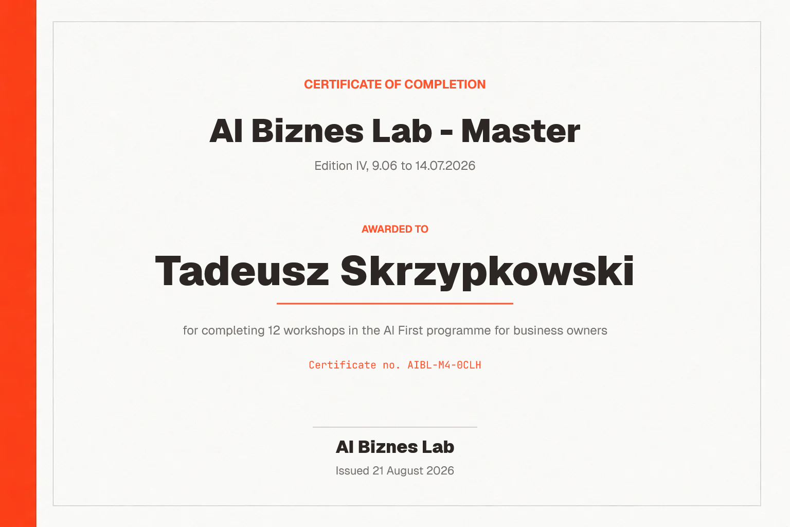 AI Biznes Lab - Master certificate for Tadeusz Skrzypkowski