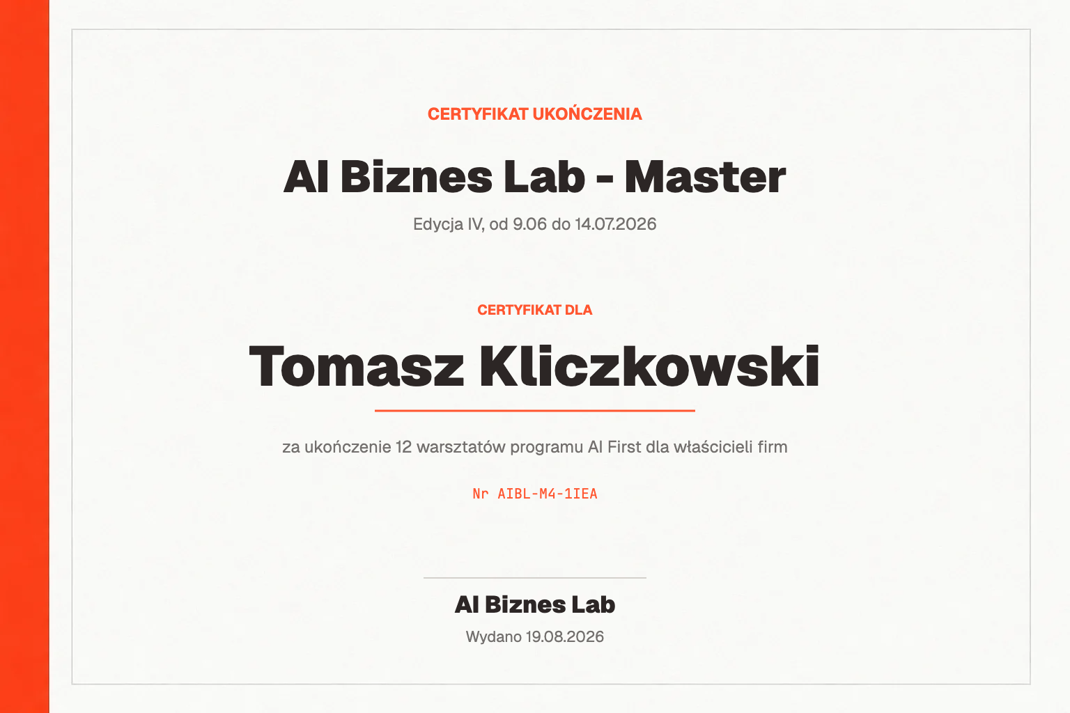 Certyfikat AI Biznes Lab - Master dla Tomasz Kliczkowski