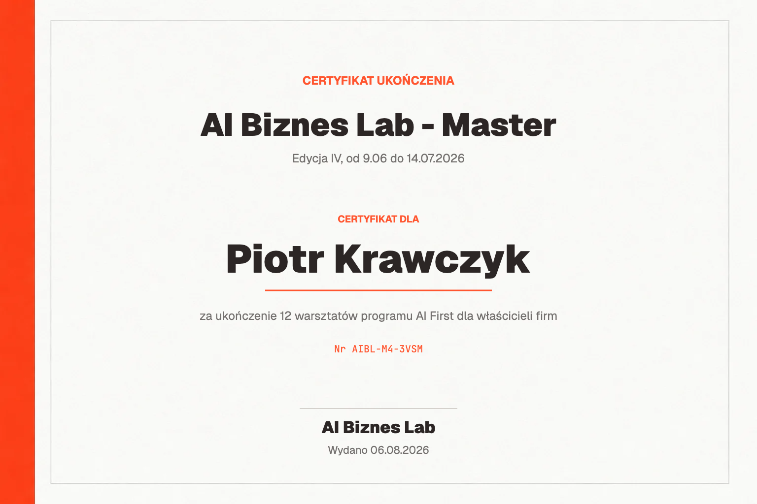 Certyfikat AI Biznes Lab - Master dla Piotr Krawczyk