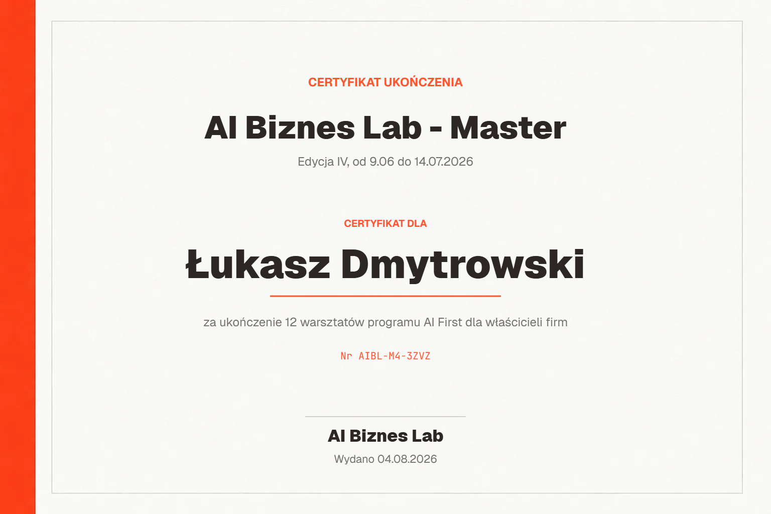 Certyfikat AI Biznes Lab - Master dla Łukasz Dmytrowski