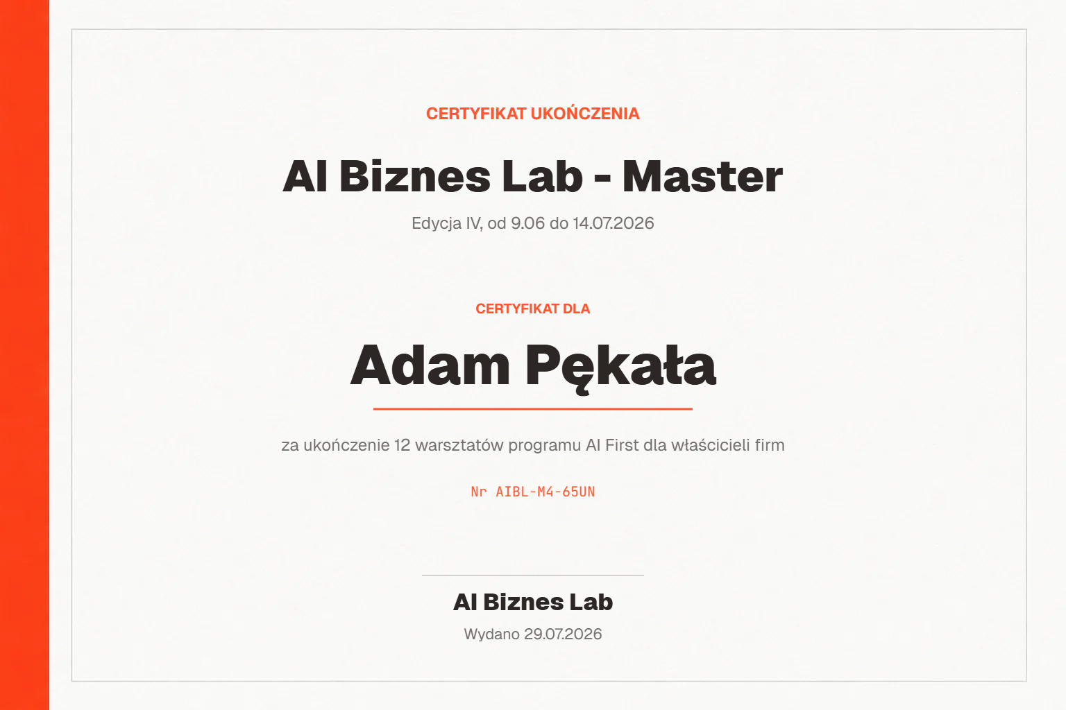 Certyfikat AI Biznes Lab - Master dla Adam Pękała