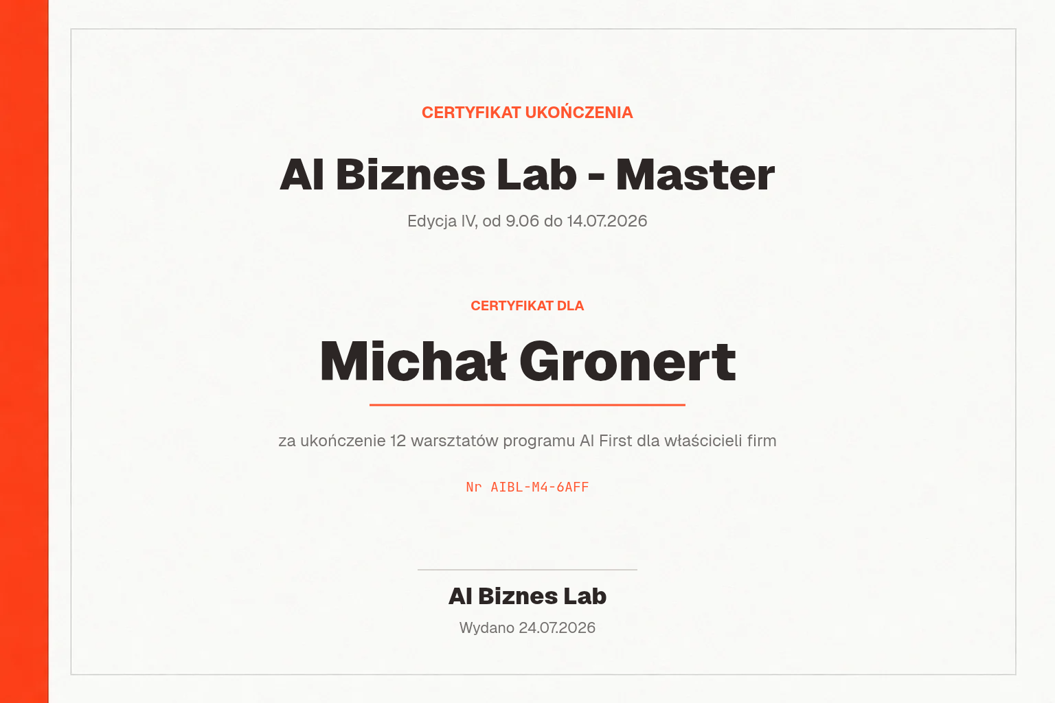 Certyfikat AI Biznes Lab - Master dla Michał Gronert