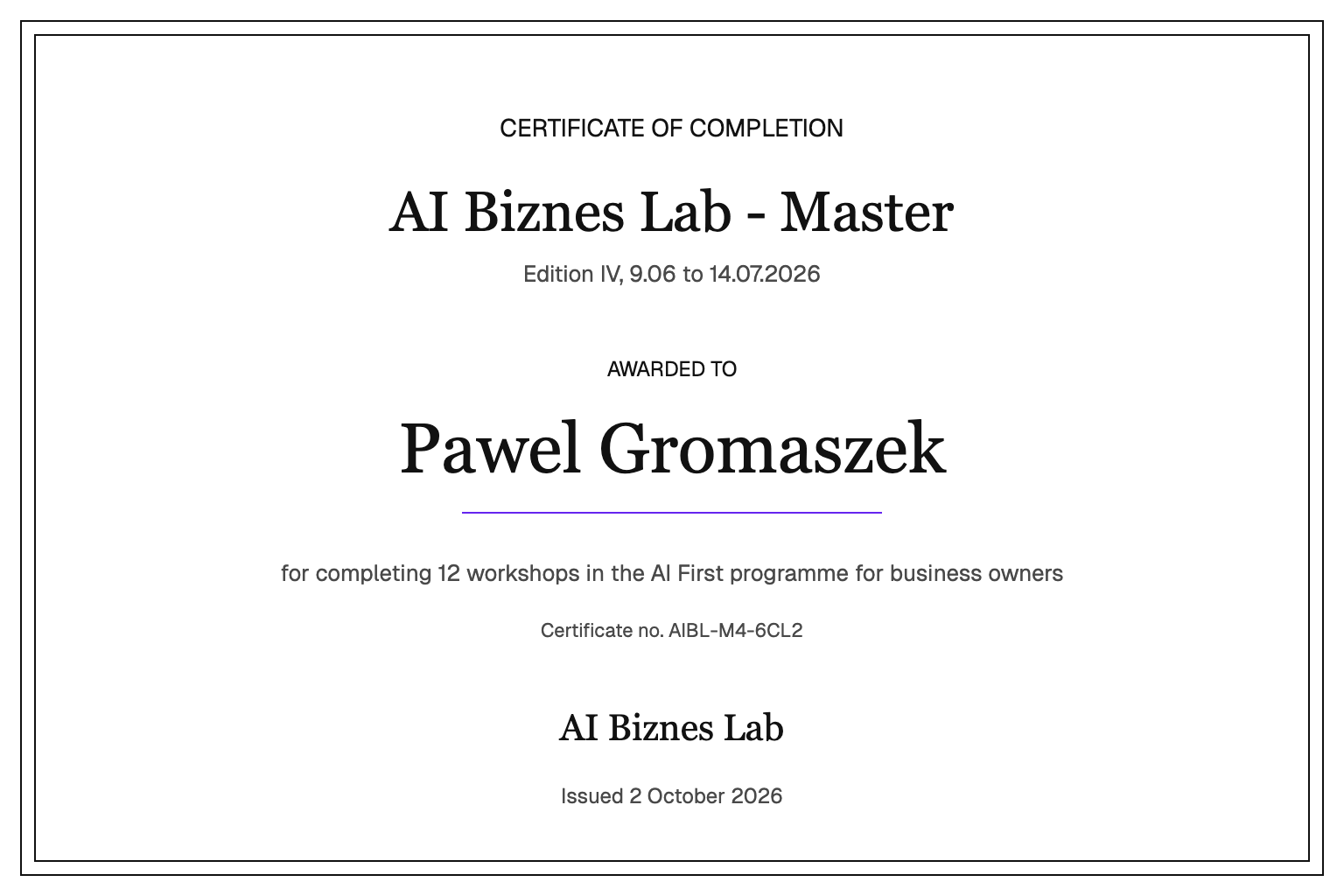AI Biznes Lab - Master certificate for Pawel Gromaszek