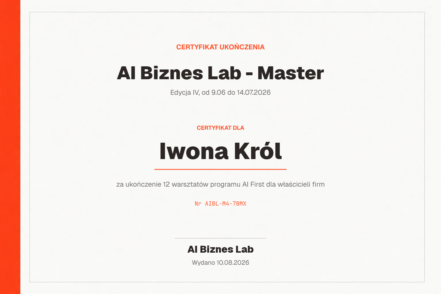 Certyfikat AI Biznes Lab - Master dla Iwona Król