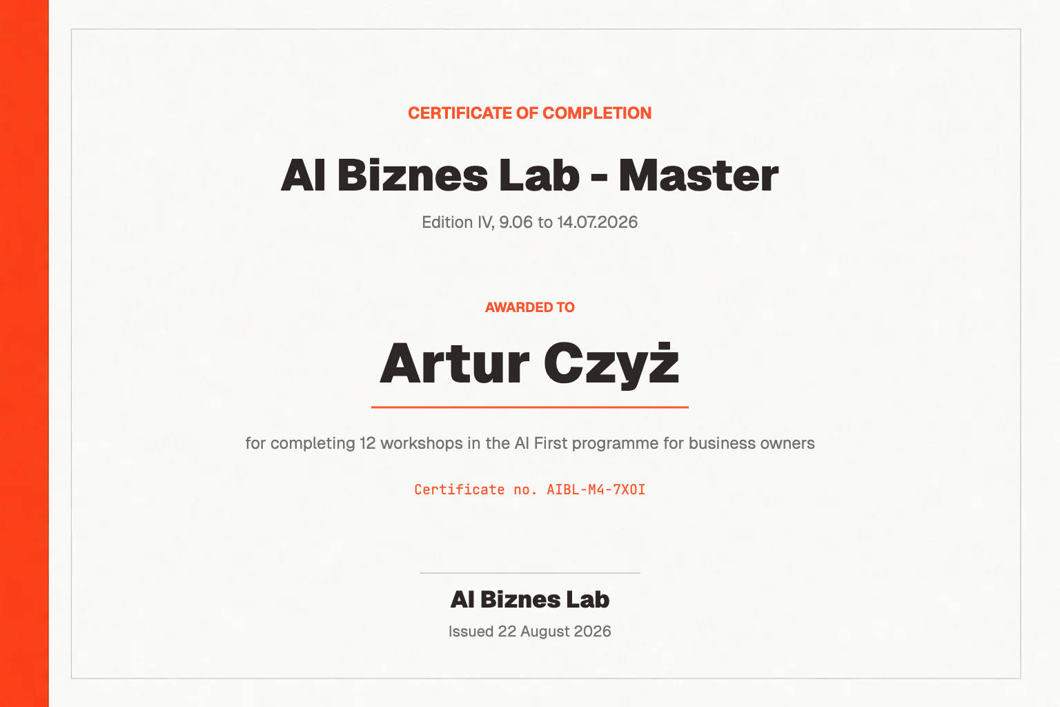 AI Biznes Lab - Master certificate for Artur Czyż
