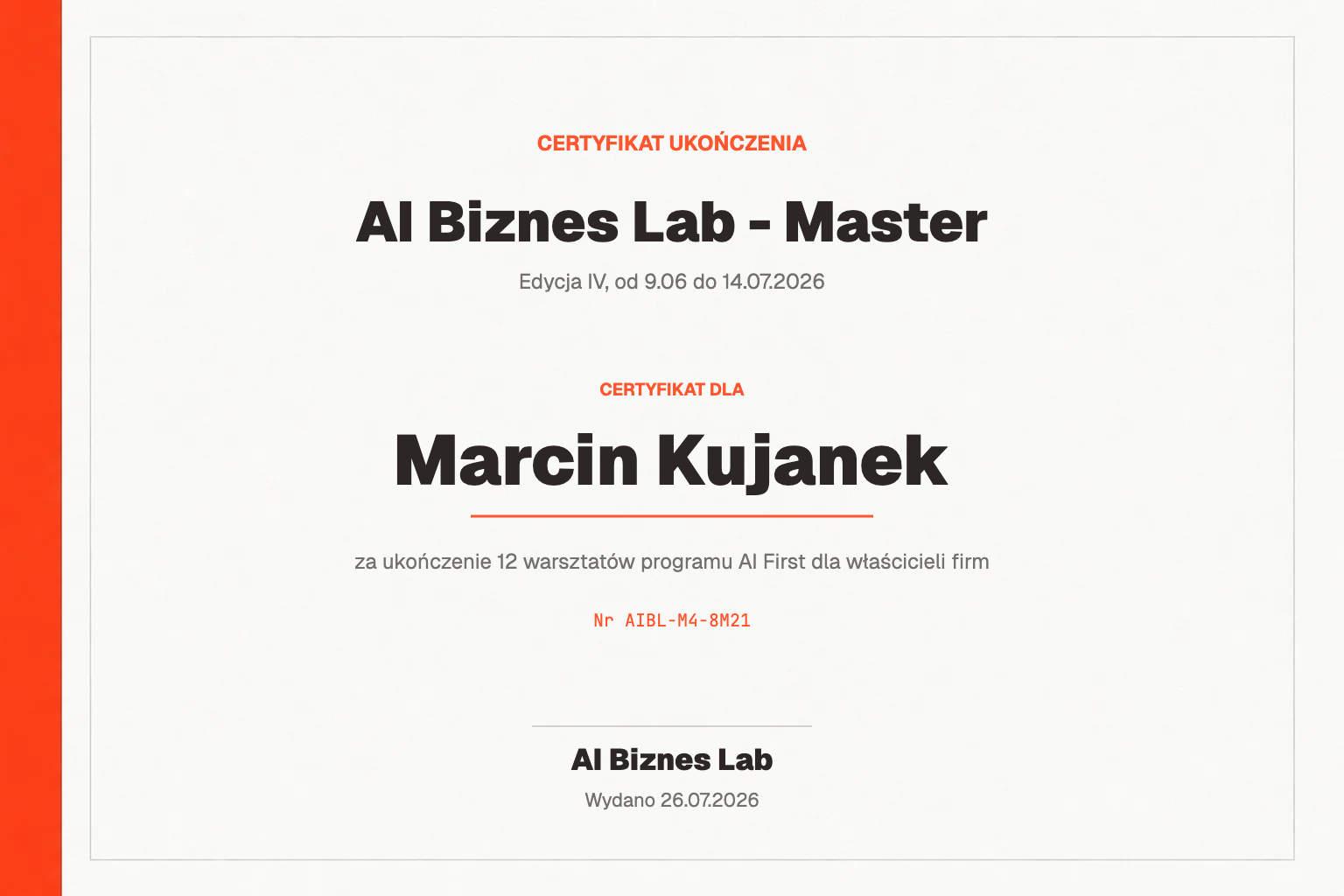Certyfikat AI Biznes Lab - Master dla Marcin Kujanek