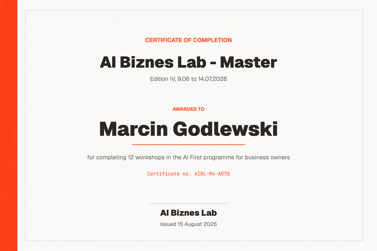 AI Biznes Lab - Master certificate for Marcin Godlewski
