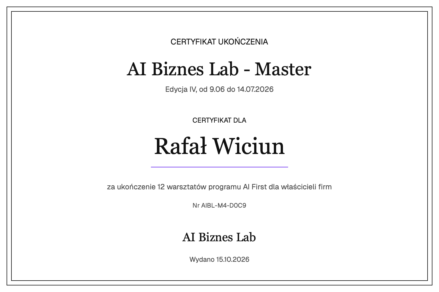 Certyfikat AI Biznes Lab - Master dla Rafał Wiciun