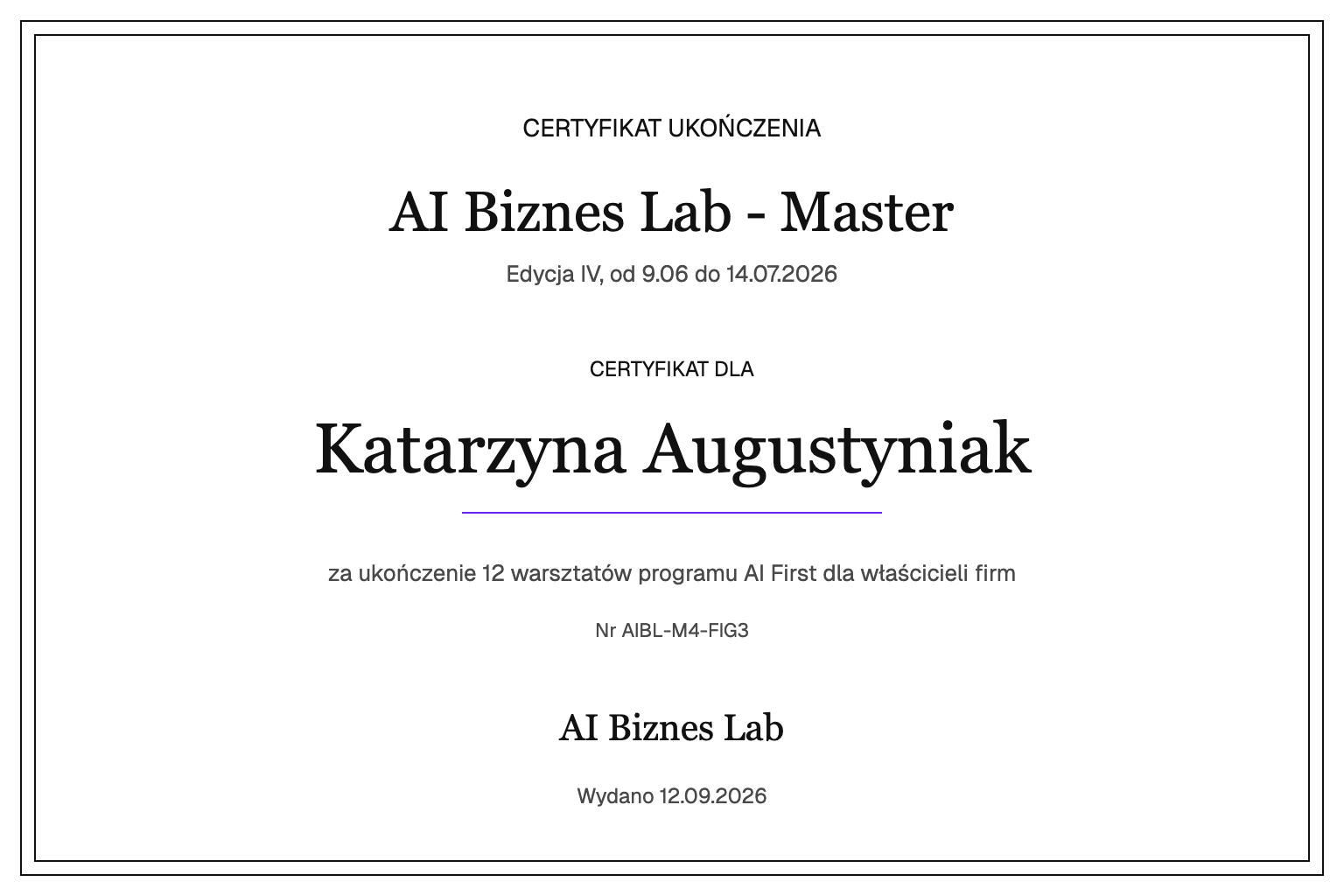 Certyfikat AI Biznes Lab - Master dla Katarzyna Augustyniak