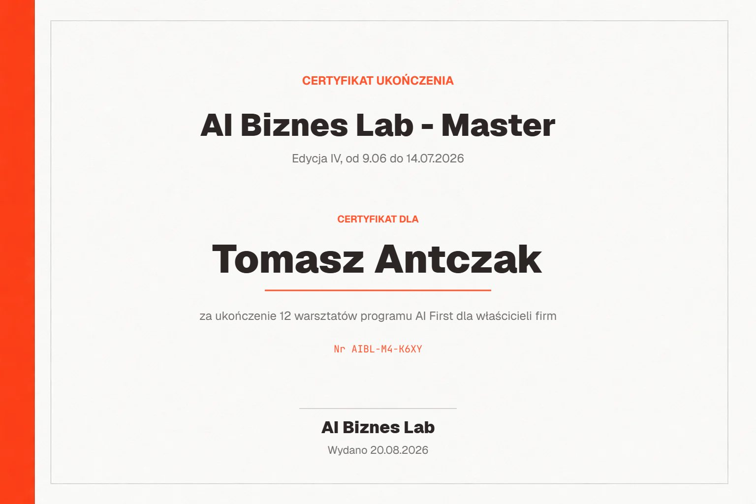 Certyfikat AI Biznes Lab - Master dla Tomasz Antczak