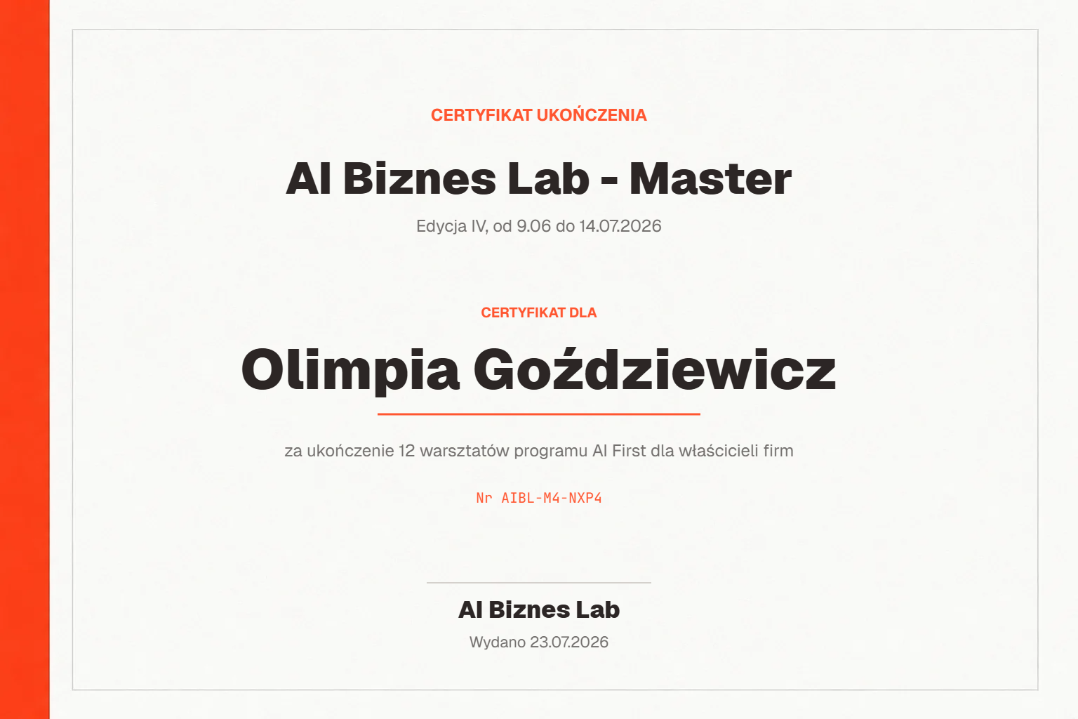 Certyfikat AI Biznes Lab - Master dla Olimpia Goździewicz