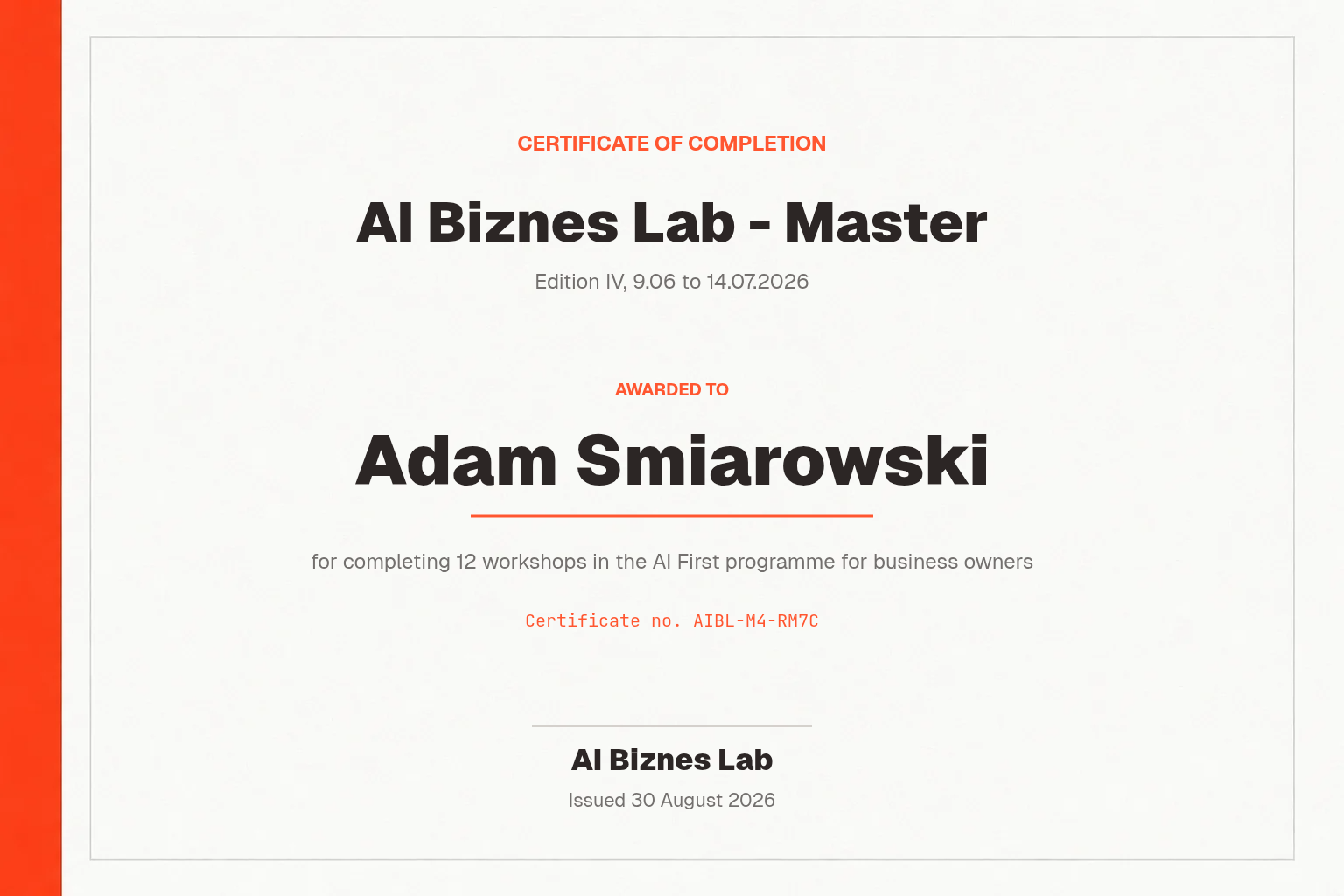 AI Biznes Lab - Master certificate for Adam Smiarowski