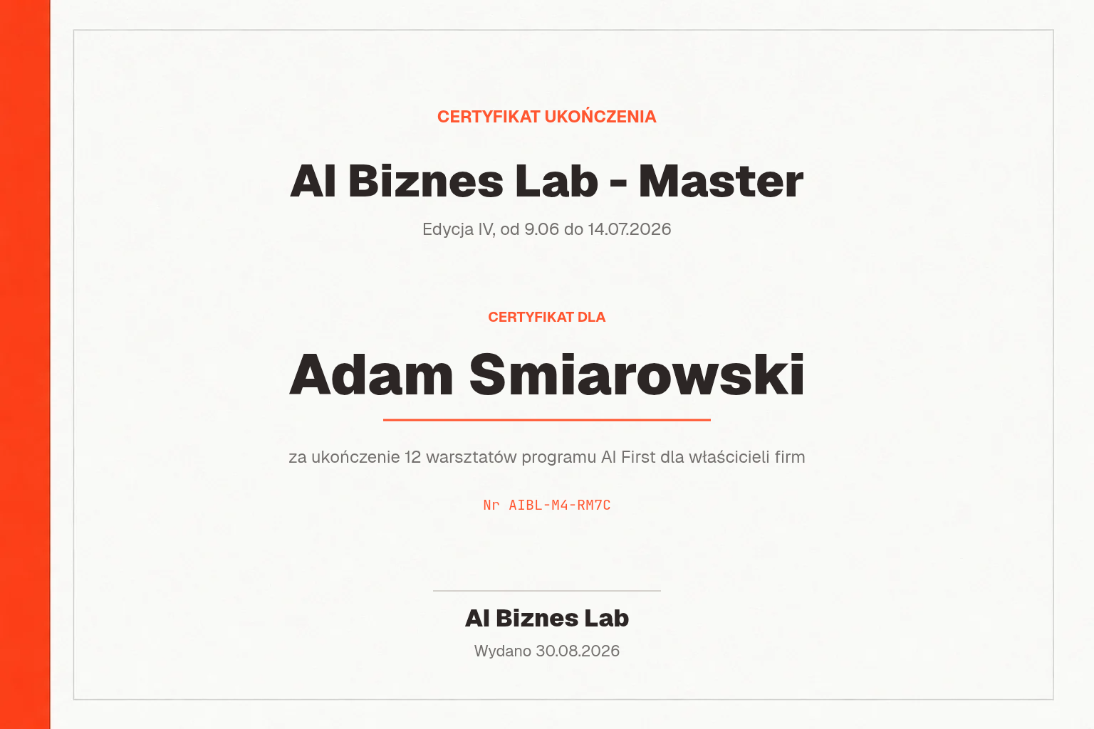 Certyfikat AI Biznes Lab - Master dla Adam Smiarowski