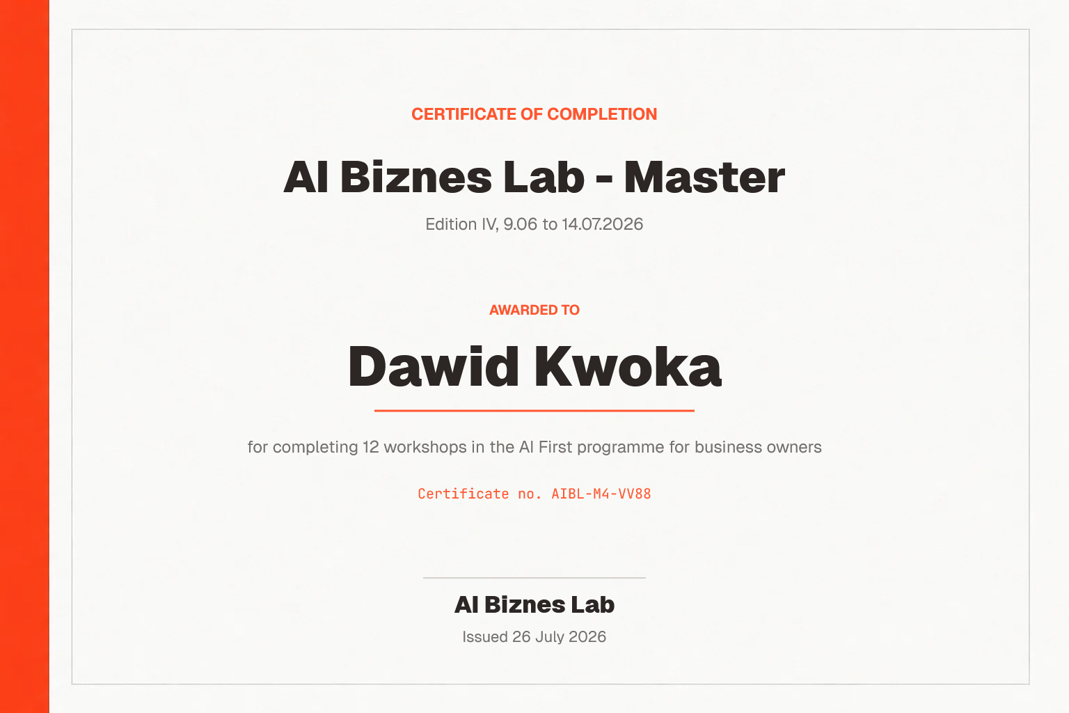 AI Biznes Lab - Master certificate for Dawid Kwoka