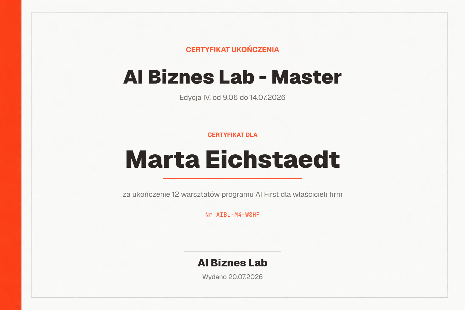 Certyfikat AI Biznes Lab - Master dla Marta Eichstaedt