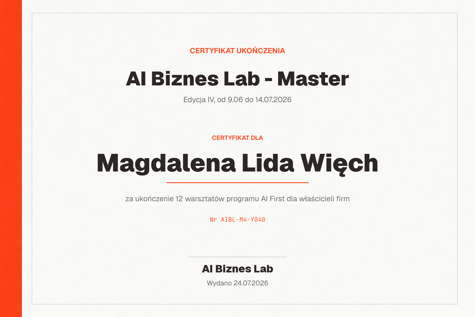 Certyfikat AI Biznes Lab - Master dla Magdalena Lida Więch