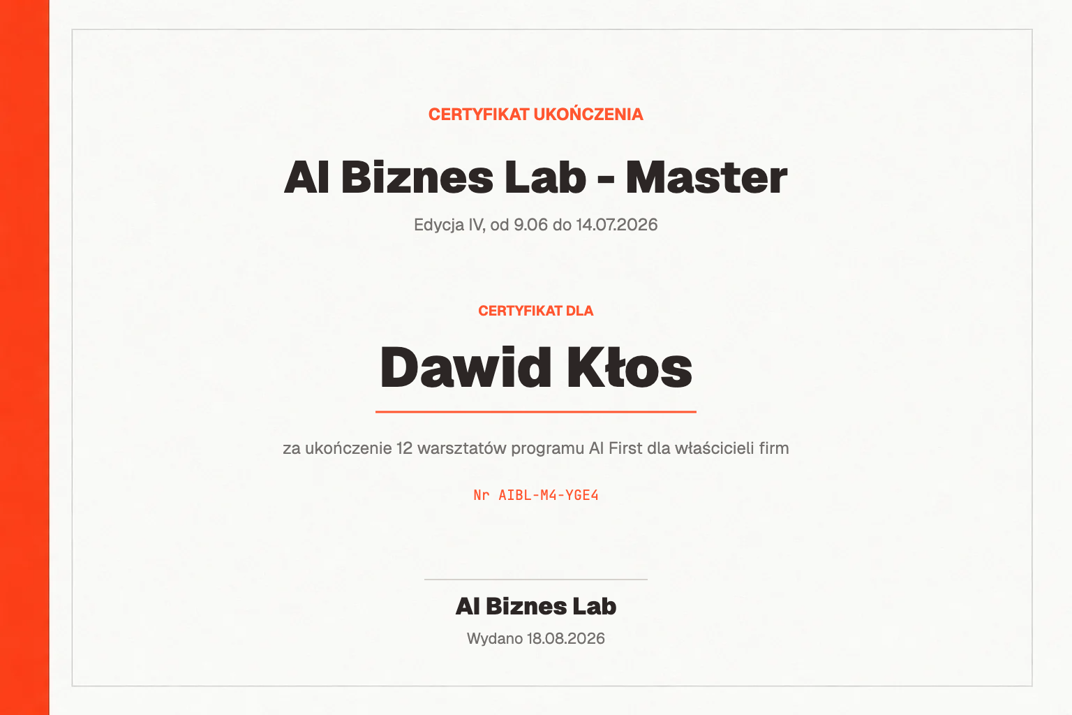 Certyfikat AI Biznes Lab - Master dla Dawid Kłos