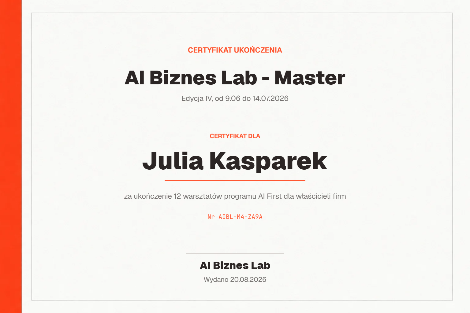 Certyfikat AI Biznes Lab - Master dla Julia Kasparek