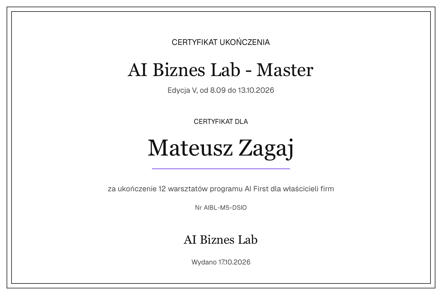 Certyfikat AI Biznes Lab - Master dla Mateusz Zagaj