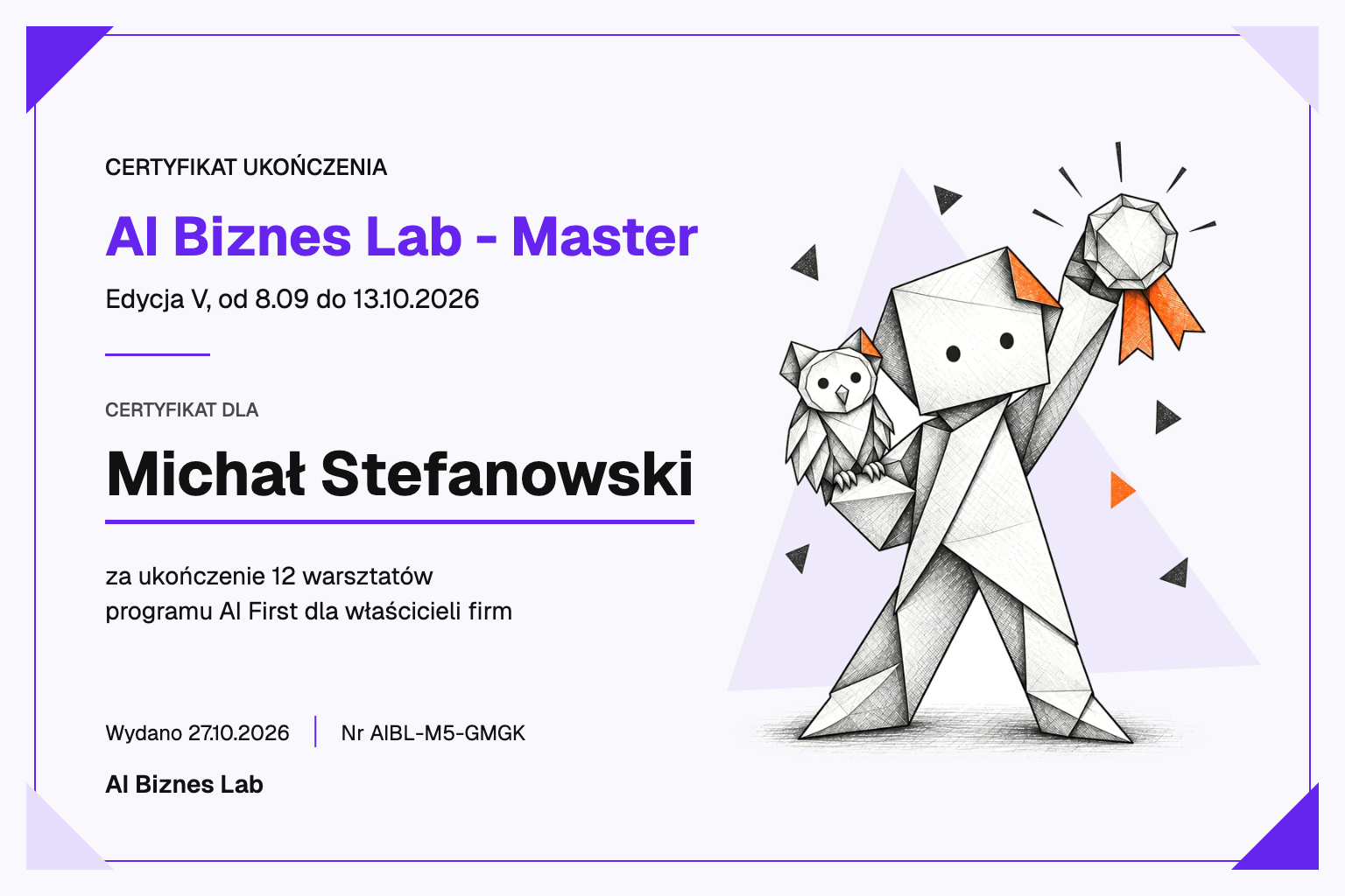 Certyfikat AI Biznes Lab - Master dla Michał Stefanowski