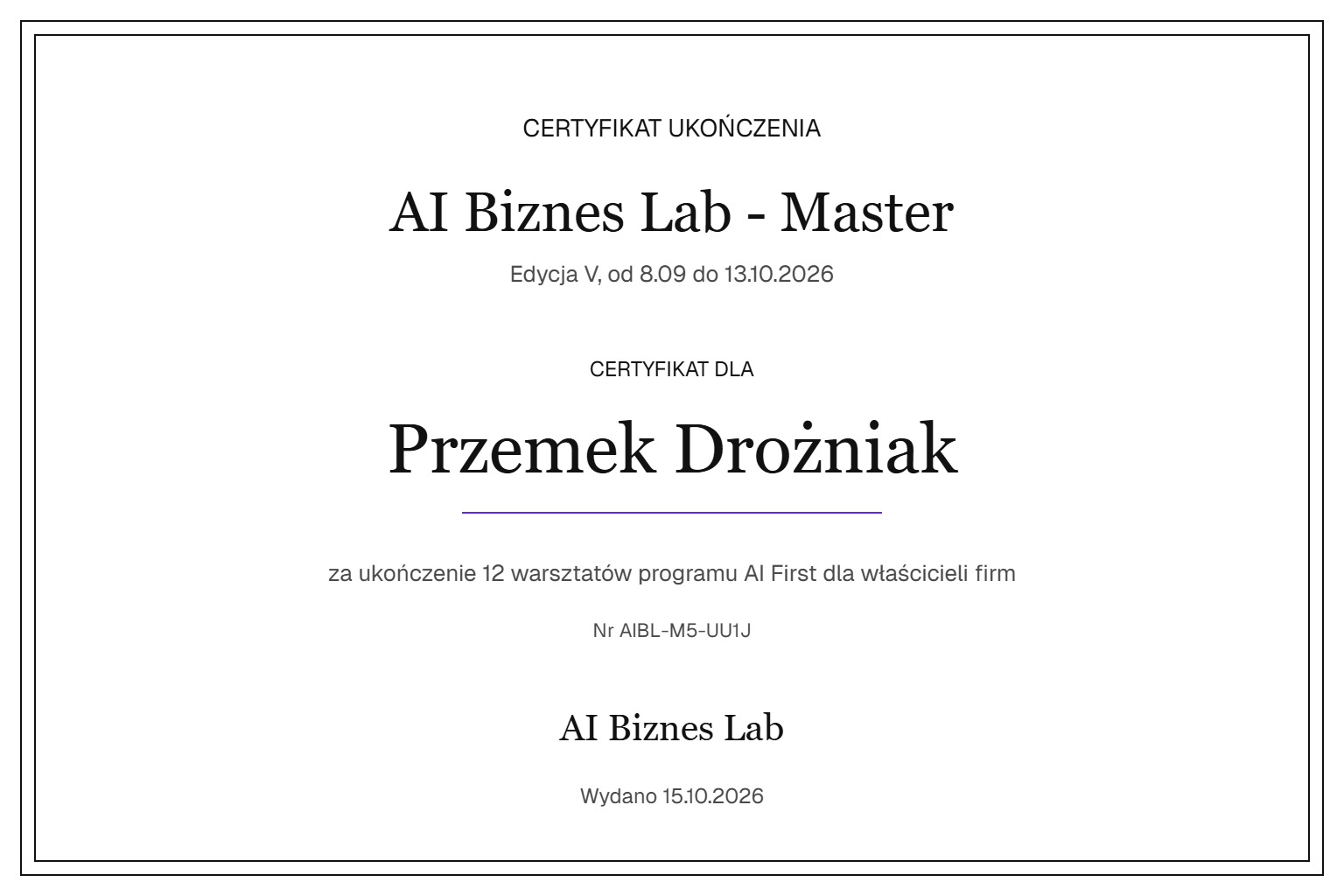 Certyfikat AI Biznes Lab - Master dla Przemek Drożniak