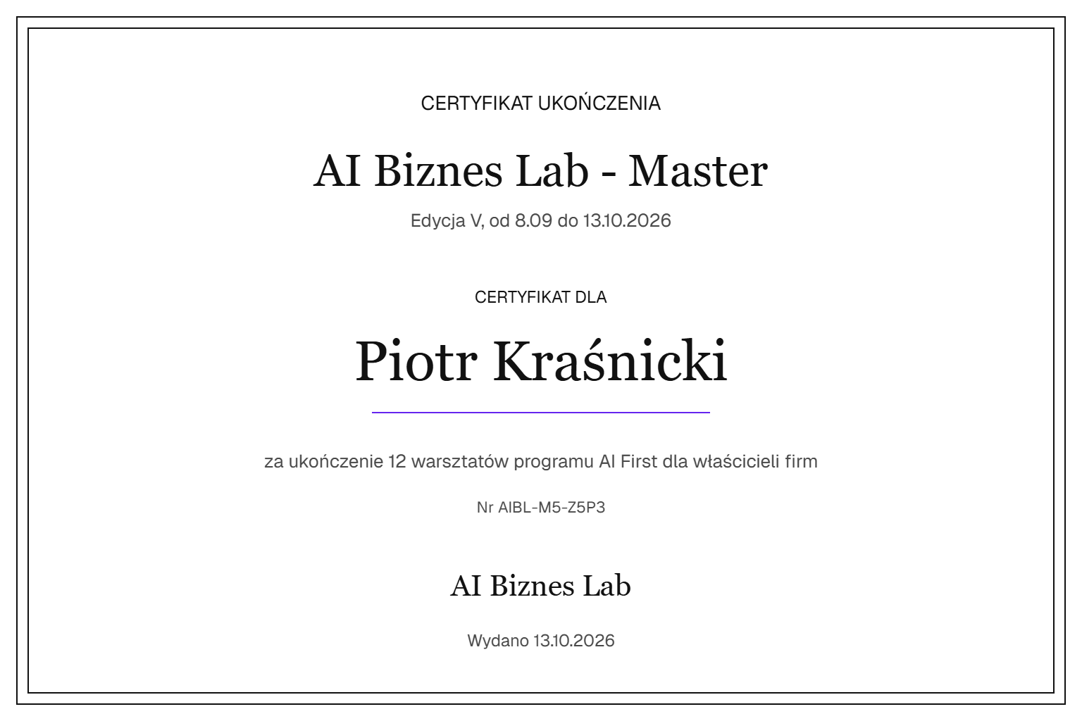 Certyfikat AI Biznes Lab - Master dla Piotr Kraśnicki
